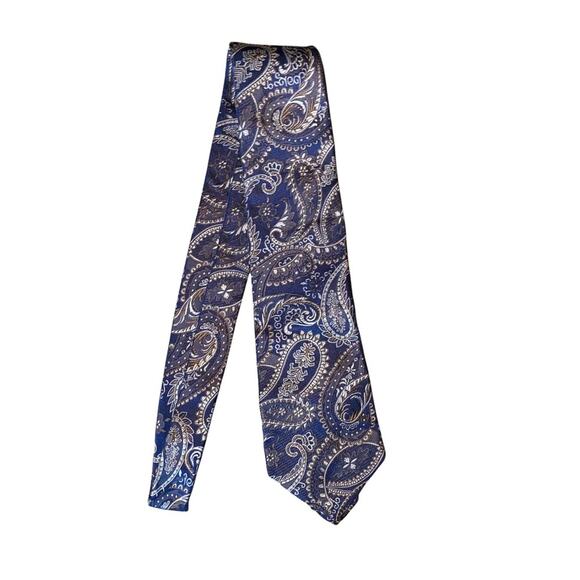 Express Design Studio Paisley Print Blue and Brown 100% Italian Silk Tie - Picture 2 of 12